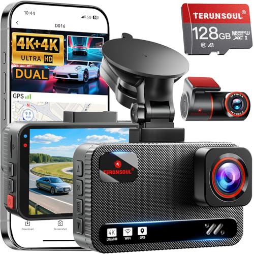 TERUNSOUL Dual 4K Dash Cam with Front and Rear Cameras, Built-in GPS & WiFi