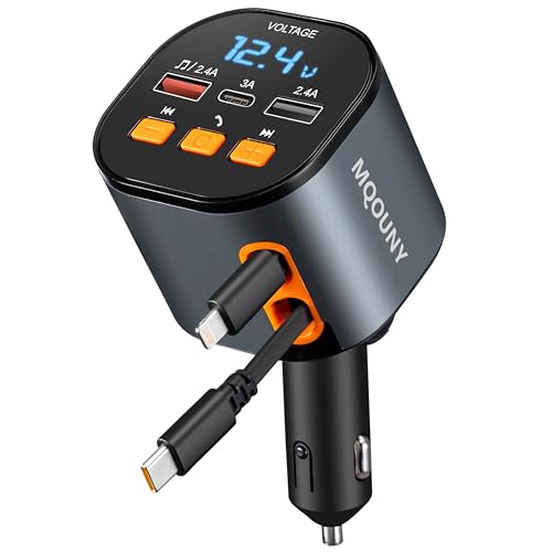 5-in-1 Retractable Fast Car Charger with Bluetooth 5.3 and FM Transmitter
