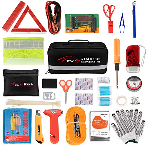 Compact Car Roadside Emergency Kit with Jumper Cables and First Aid