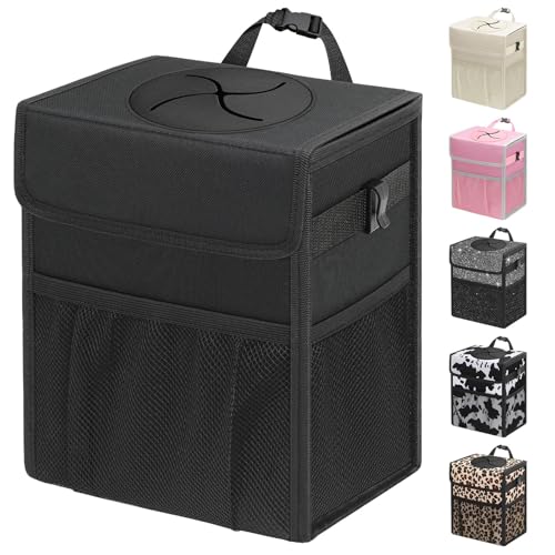 Capolo Leakproof Car Trash Can with Lid and Storage Pockets